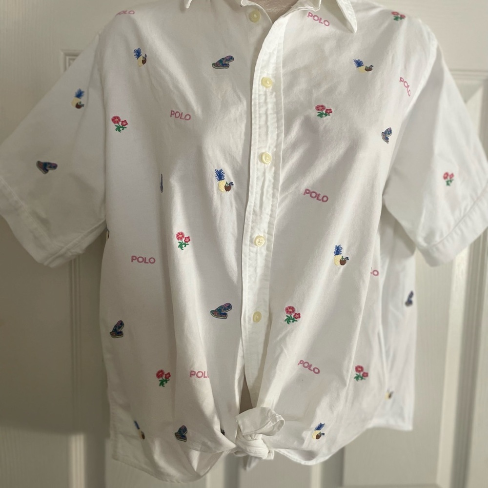Polo by Ralph Lauren Front Tie White Embroidered Short‎ Sleeve Shirt Size XS
